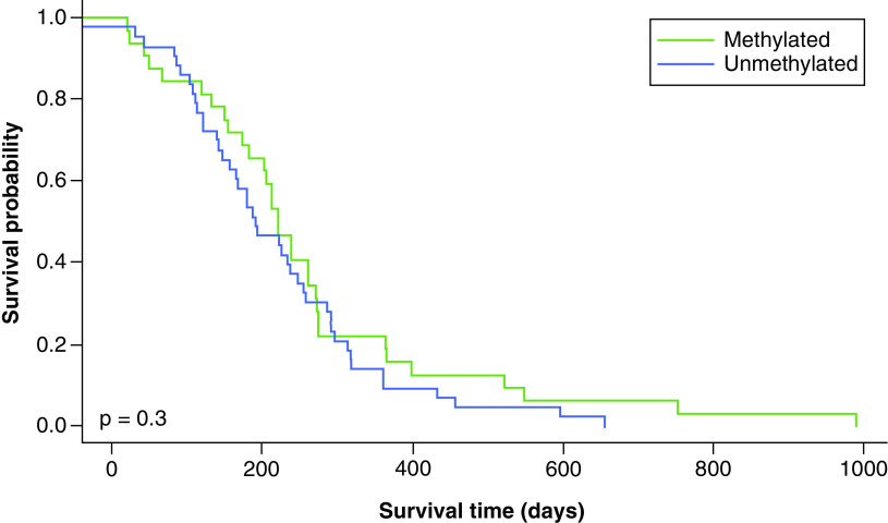 Identifying the optimal cutoff point for MGMT promoter methylation status in glioblastoma.