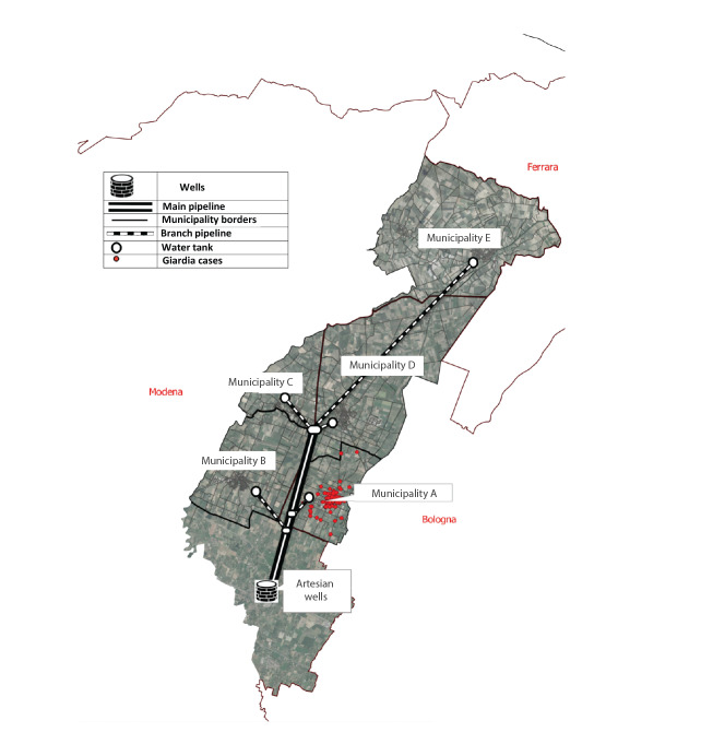 A large outbreak of giardiasis in a municipality of the Bologna province, north-eastern Italy, November 2018 to April 2019.