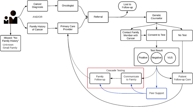 Improving our model of cascade testing for hereditary cancer risk by leveraging patient peer support: a concept report.