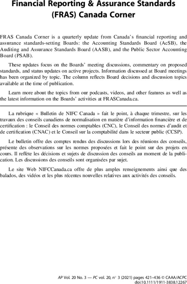 Financial Reporting & Assurance Standards (FRAS) Canada Corner
