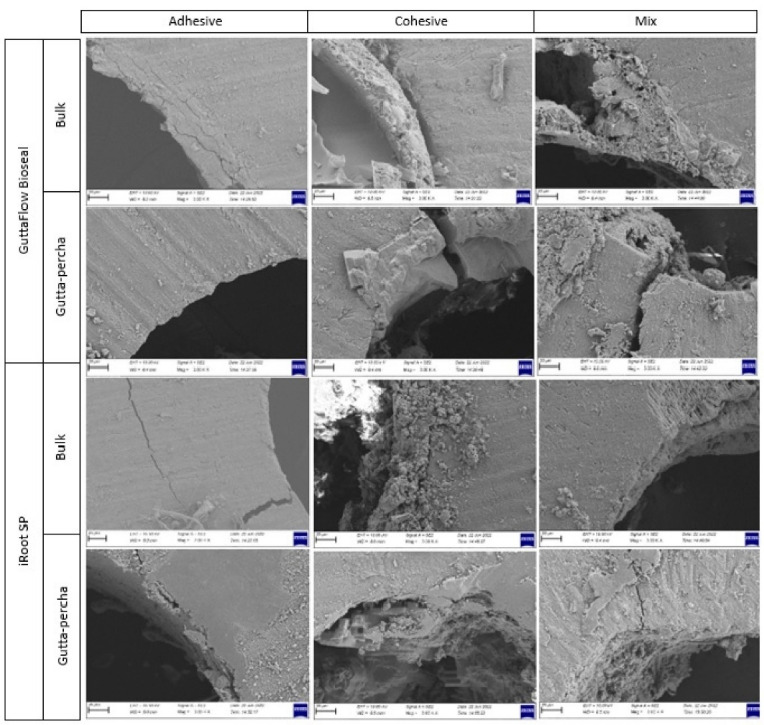 Effect of using calcium-silicate and silicone based root canal sealers in bulk or with main core material on bond strength.