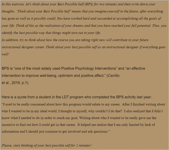 Novice Instructional Designers' Attitudes towards the Best Possible Self Activity and the Correlation with Personality and Subjective Well-Being.