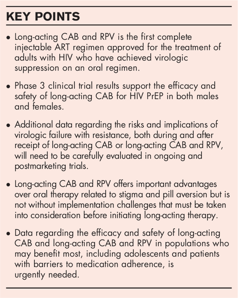 A new paradigm for antiretroviral delivery: long-acting cabotegravir and rilpivirine for the treatment and prevention of HIV.