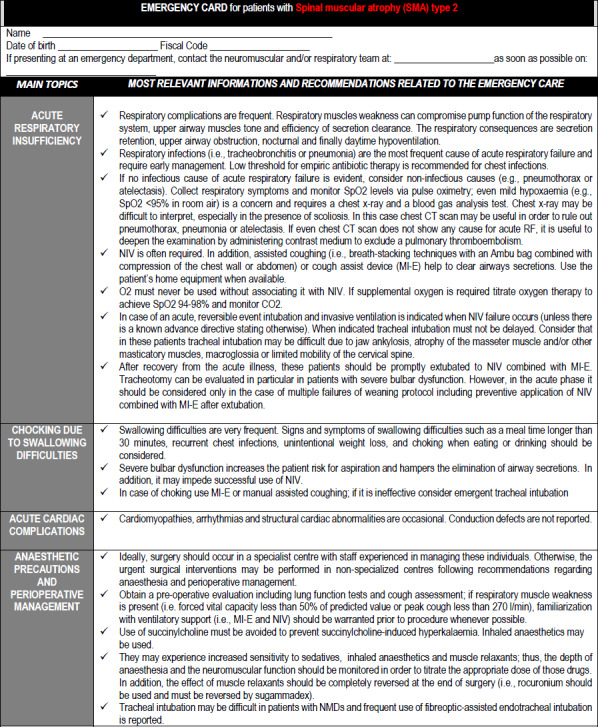 Emergencies cards for neuromuscular disorders 1<sup>st</sup> Consensus Meeting from UILDM - Italian Muscular Dystrophy Association Workshop report.