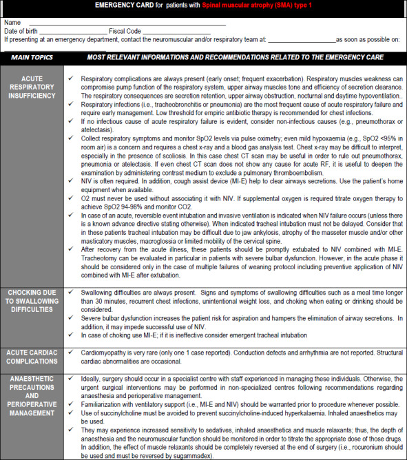 Emergencies cards for neuromuscular disorders 1<sup>st</sup> Consensus Meeting from UILDM - Italian Muscular Dystrophy Association Workshop report.