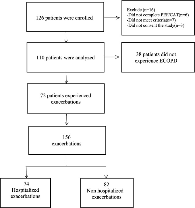 Comparison of peak expiratory Flow(PEF) and COPD assessment test (CAT) to assess COPD exacerbation requiring hospitalization: A prospective observational study.