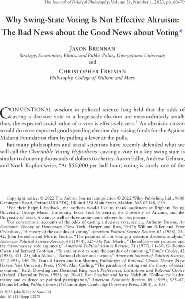 Why Swing-State Voting Is Not Effective Altruism: The Bad News about the Good News about Voting*