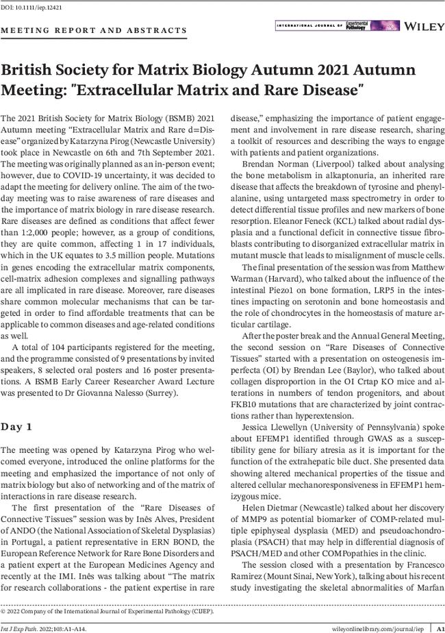 British Society for Matrix Biology Autumn 2021 Autumn Meeting: "Extracellular Matrix and Rare Disease"