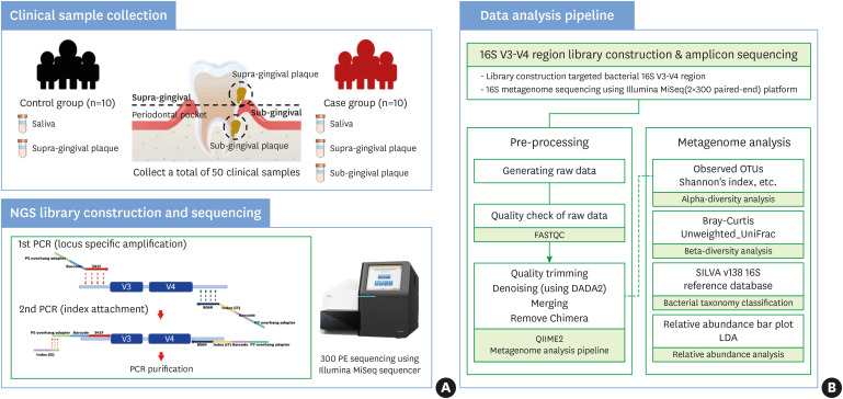 Comparison of the oral microbial composition between healthy individuals and periodontitis patients in different oral sampling sites using 16S metagenome profiling.