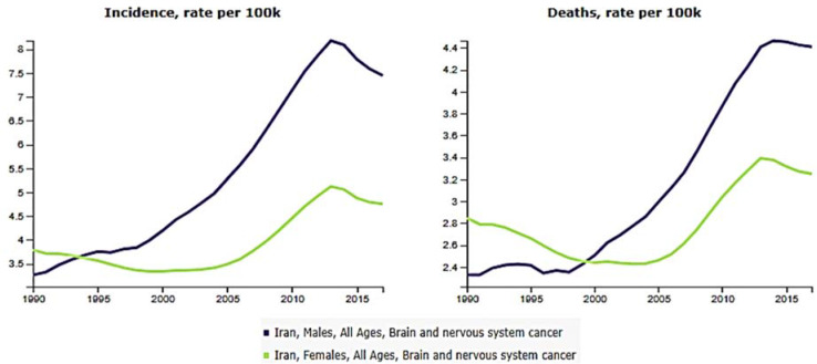 Trend of incidence and mortality of brain and central nervous system cancer in Iran from 1990 to 2017: A global burden of disease-based study.