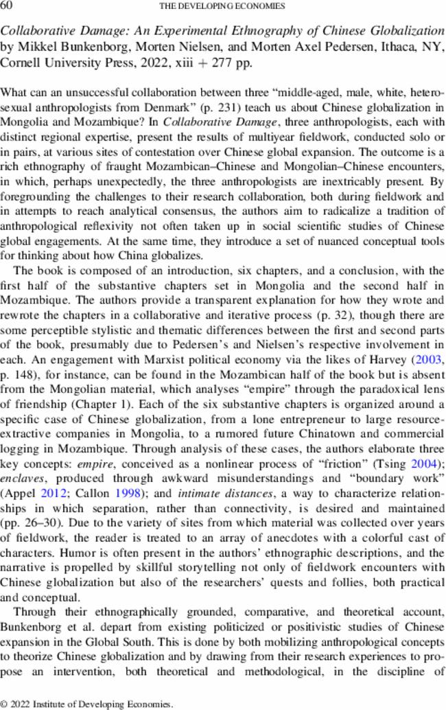 Collaborative Damage: An Experimental Ethnography of Chinese Globalization by  Mikkel Bunkenborg,  Morten Nielsen, and  Morten Axel Pedersen, Ithaca, NY, Cornell University Press,  2022, xiii + 277 pp.