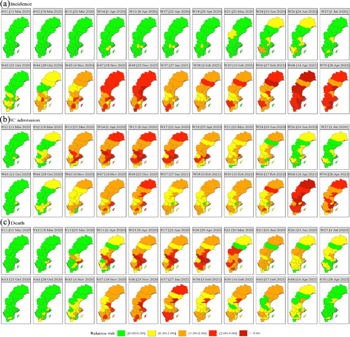 A joint Bayesian spatiotemporal risk prediction model of COVID-19 incidence, IC admission, and death with application to Sweden.