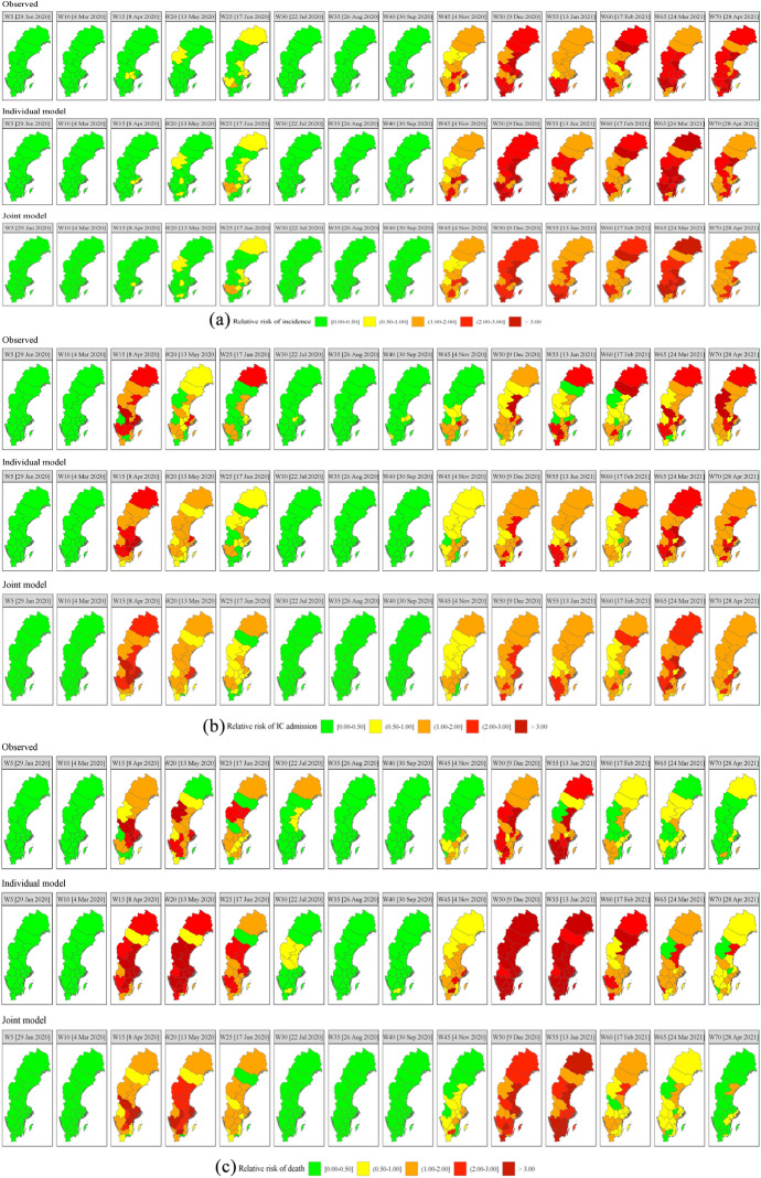 A joint Bayesian spatiotemporal risk prediction model of COVID-19 incidence, IC admission, and death with application to Sweden.