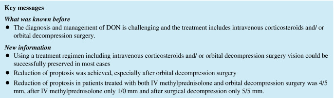 Management of patients with dysthyroid optic neuropathy treated with intravenous corticosteroids and/or orbital decompression surgery.