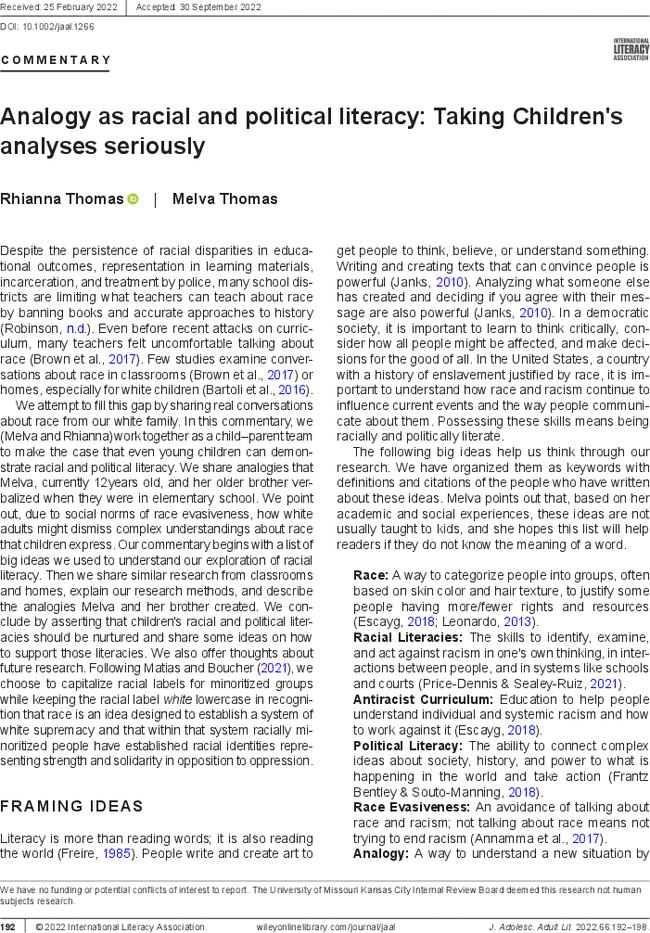 Analogy as racial and political literacy: Taking Children's analyses seriously