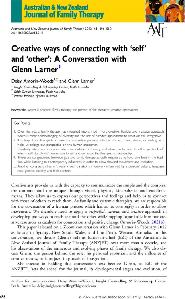 Creative ways of connecting with ‘self’ and ‘other’: A Conversation with Glenn Larner†