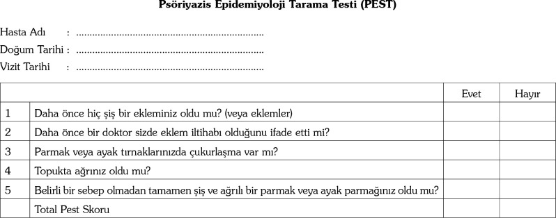 Validity and reliability of the Turkish version of Psoriasis Epidemiology Screening Tool for the detection of psoriatic arthritis in patients with psoriasis.