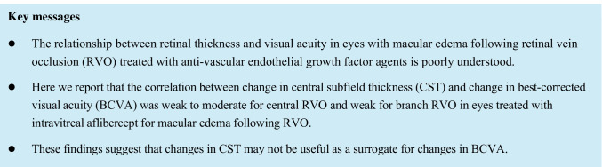 Correlation between change in central subfield thickness and change in visual acuity in macular edema due to retinal vein occlusion: post hoc analysis of COPERNICUS, GALILEO, and VIBRANT.