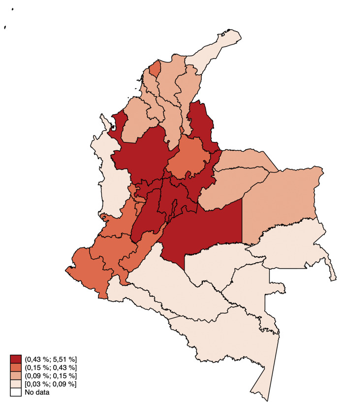 Estimated frequency of instrumented vaginal delivery in Colombia between 2015 and 2019. Population registry-based cross-sectional study