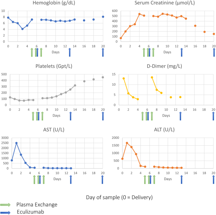 Pregnancy associated atypical hemolytic uremic syndrome presenting with preeclampsia with HELLP syndrome and following treatment with Eculizumab.