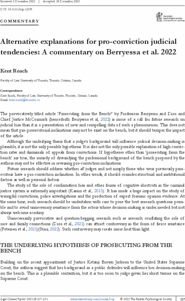 Alternative explanations for pro-conviction judicial tendencies: A commentary on Berryessa et al. 2022