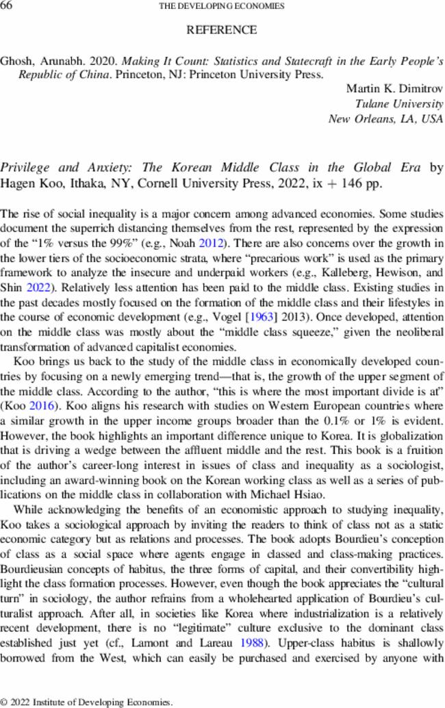 Privilege and Anxiety: The Korean Middle Class in the Global Era by  Hagen Koo, Ithaka, NY, Cornell University Press,  2022, ix + 146 pp.