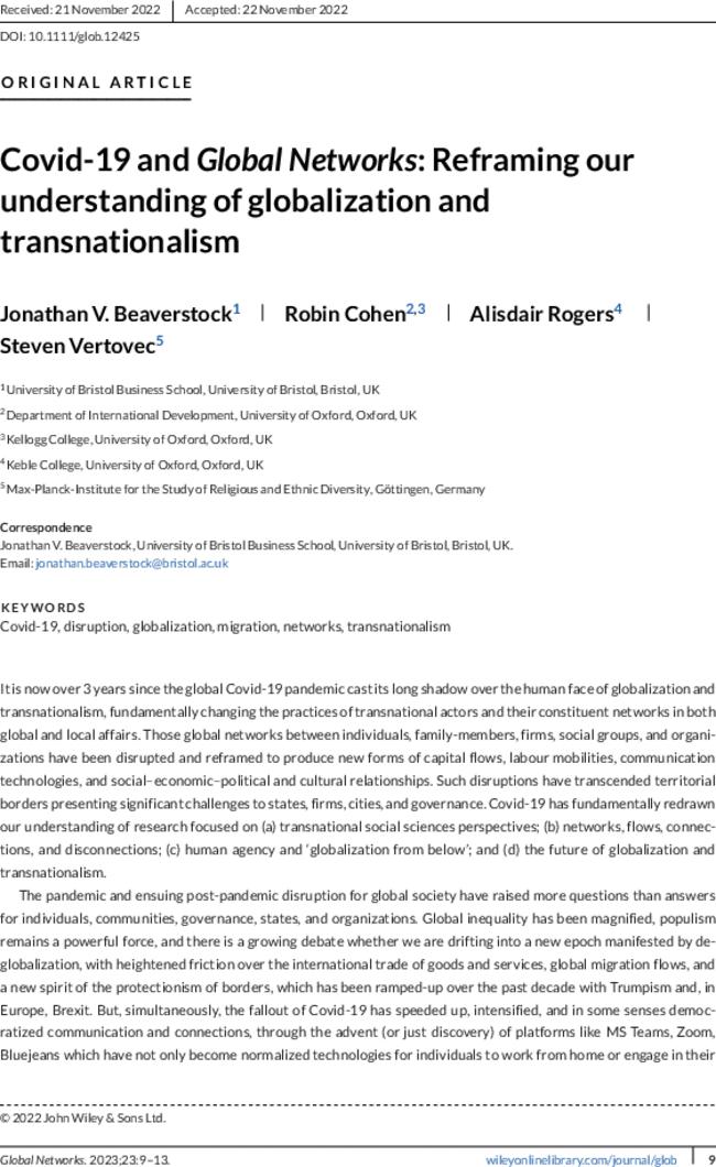 Covid-19 and Global Networks: Reframing our understanding of globalization and transnationalism