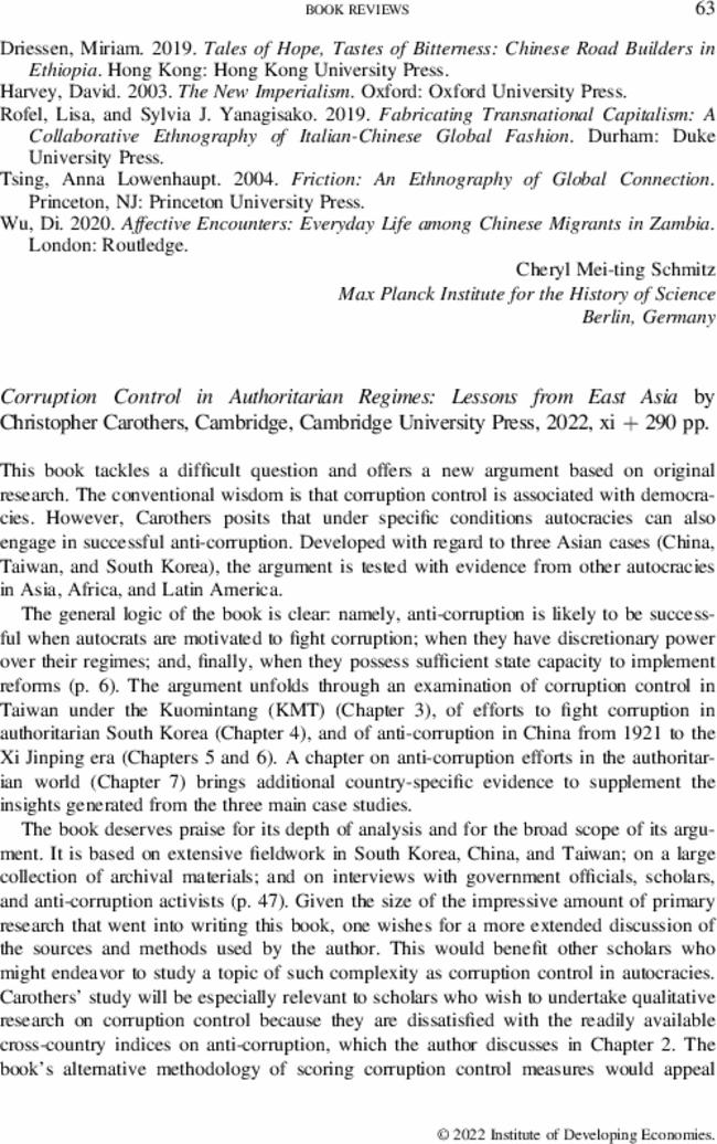 Corruption Control in Authoritarian Regimes: Lessons from East Asia by  Christopher Carothers, Cambridge, Cambridge University Press,  2022, xi + 290 pp.