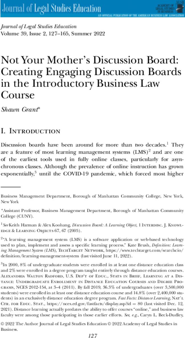 Not Your Mother's Discussion Board: Creating Engaging Discussion Boards in the Introductory Business Law Course