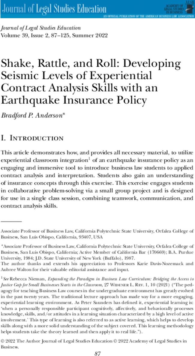 Shake, Rattle, and Roll: Developing Seismic Levels of Experiential Contract Analysis Skills with an Earthquake Insurance Policy