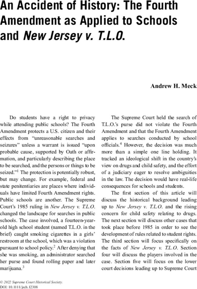 An Accident of History: The Fourth Amendment as Applied to Schools and New Jersey v. T.L.O.