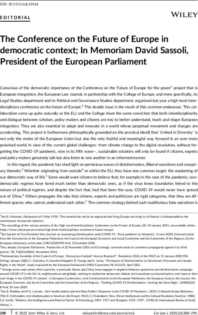 The Conference on the Future of Europe in democratic context; In Memoriam David Sassoli, President of the European Parliament