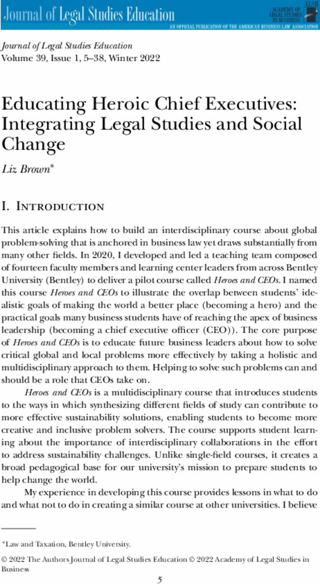 Educating Heroic Chief Executives: Integrating Legal Studies and Social Change