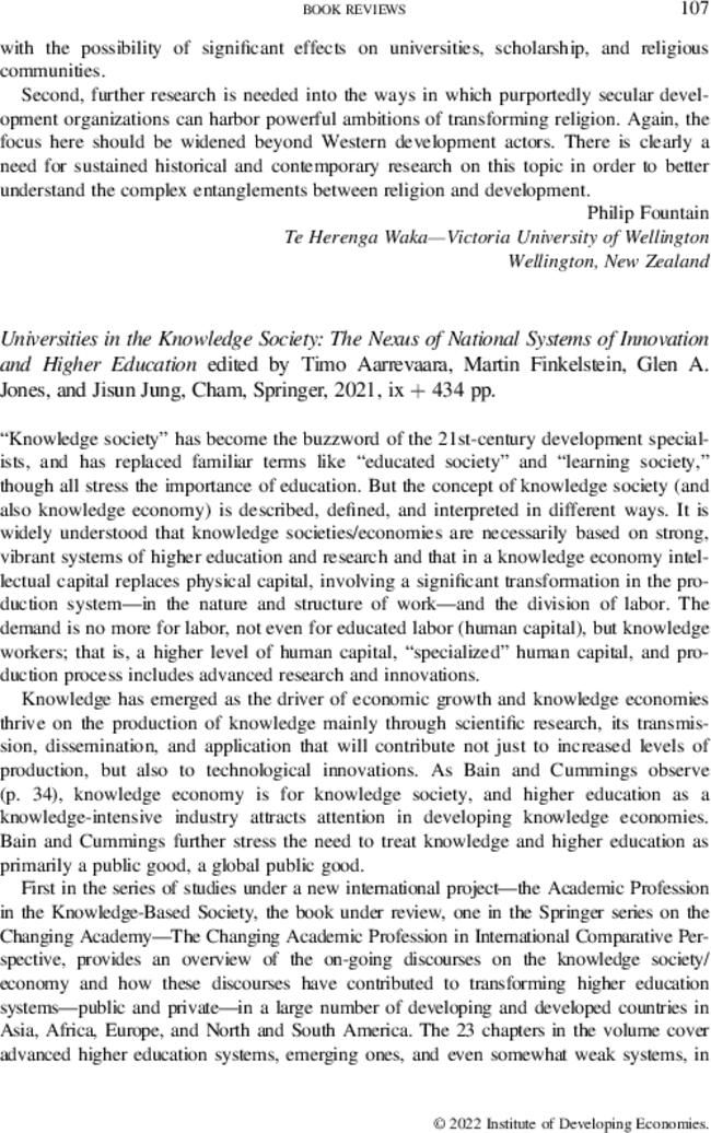 Universities in the Knowledge Society: The Nexus of National Systems of Innovation and Higher Education edited by  Timo Aarrevaara,  Martin Finkelstein,  Glen A. Jones, and  Jisun Jung, Cham, Springer,  2021, ix + 434 pp.