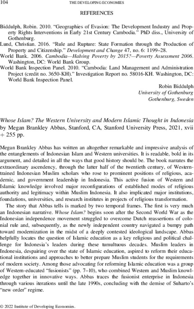 Whose Islam? The Western University and Modern Islamic Thought in Indonesia by  Megan Brankley Abbas,Stanford, CA,Stanford University Press,  2021, xvii + 255 pp.