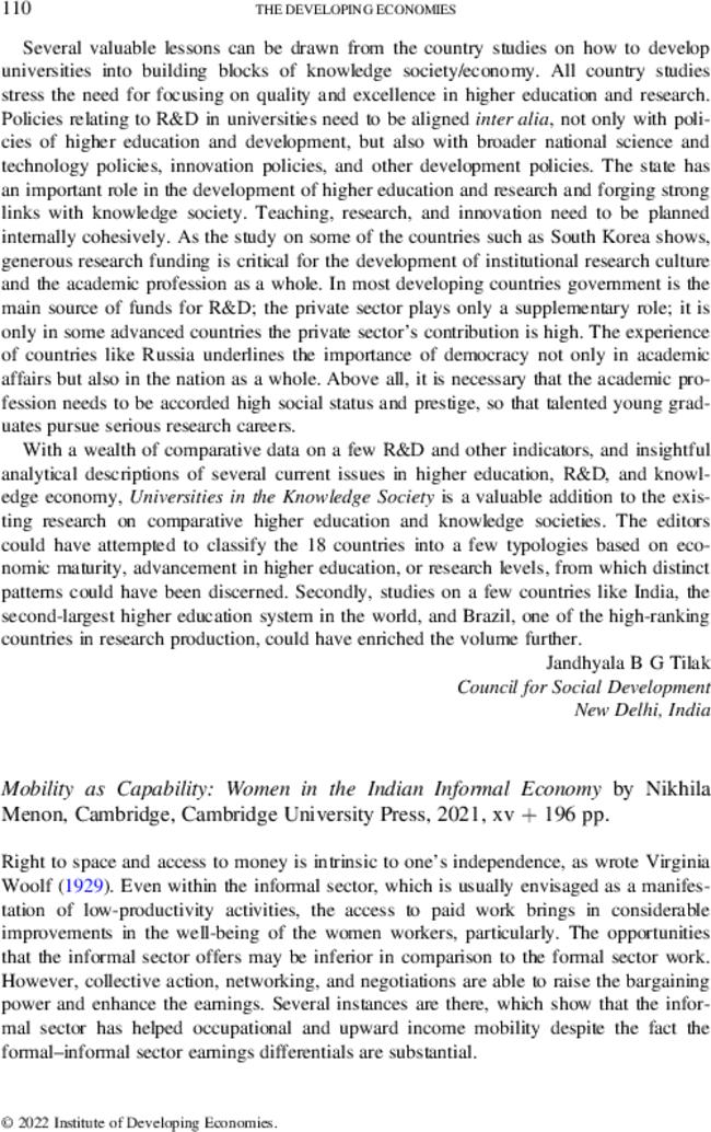 Mobility as Capability: Women in the Indian Informal Economy by  Nikhila Menon, Cambridge, Cambridge University Press,  2021, xv + 196 pp.