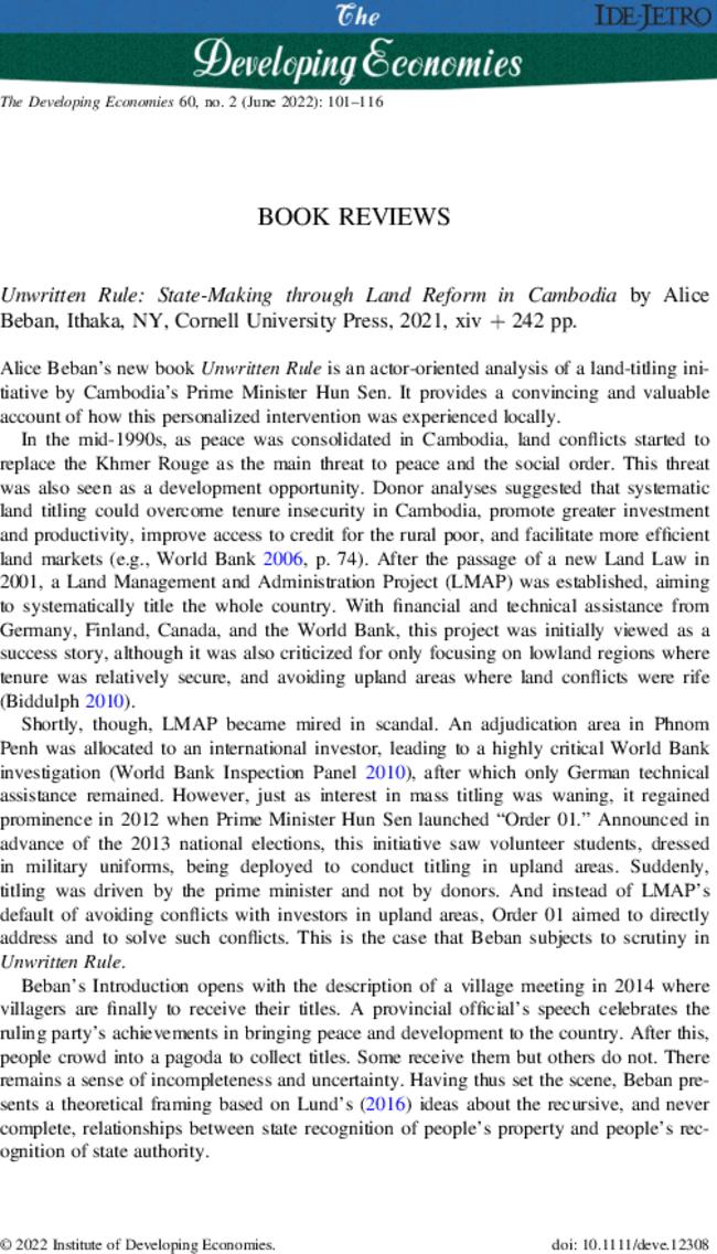 Unwritten Rule: State-Making through Land Reform in Cambodia by  Alice Beban, Ithaka, NY, Cornell University Press,  2021, xiv + 242 pp.