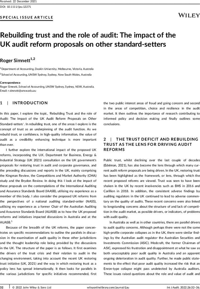 Rebuilding trust and the role of audit: The impact of the UK audit reform proposals on other standard-setters