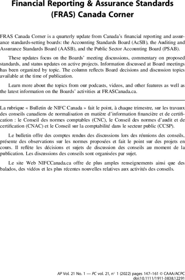 Financial Reporting & Assurance Standards (FRAS) Canada Corner