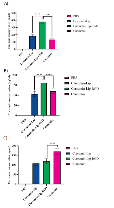 Evaluation of the Biodistribution of Arginine, glycine, aspartic acid peptide-modified Nanoliposomes Containing Curcumin in Rats.