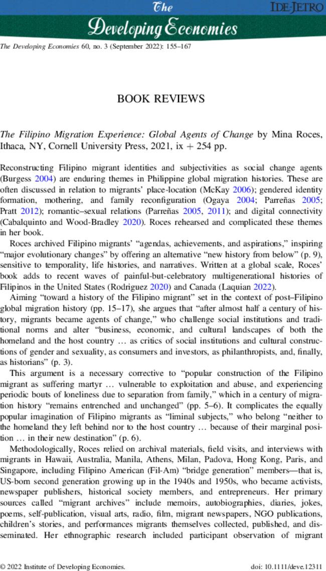 The Filipino Migration Experience: Global Agents of Change by Mina Roces, Ithaca, NY, Cornell University Press, 2021, ix + 254 pp.