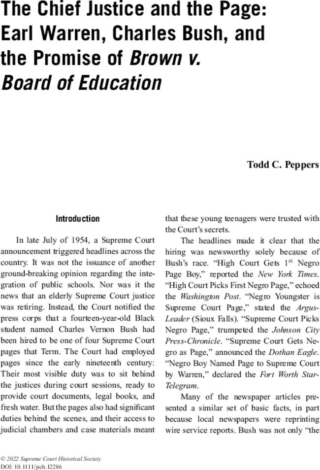 The Chief Justice and the Page: Earl Warren, Charles Bush, and the Promise of Brown v. Board of Education