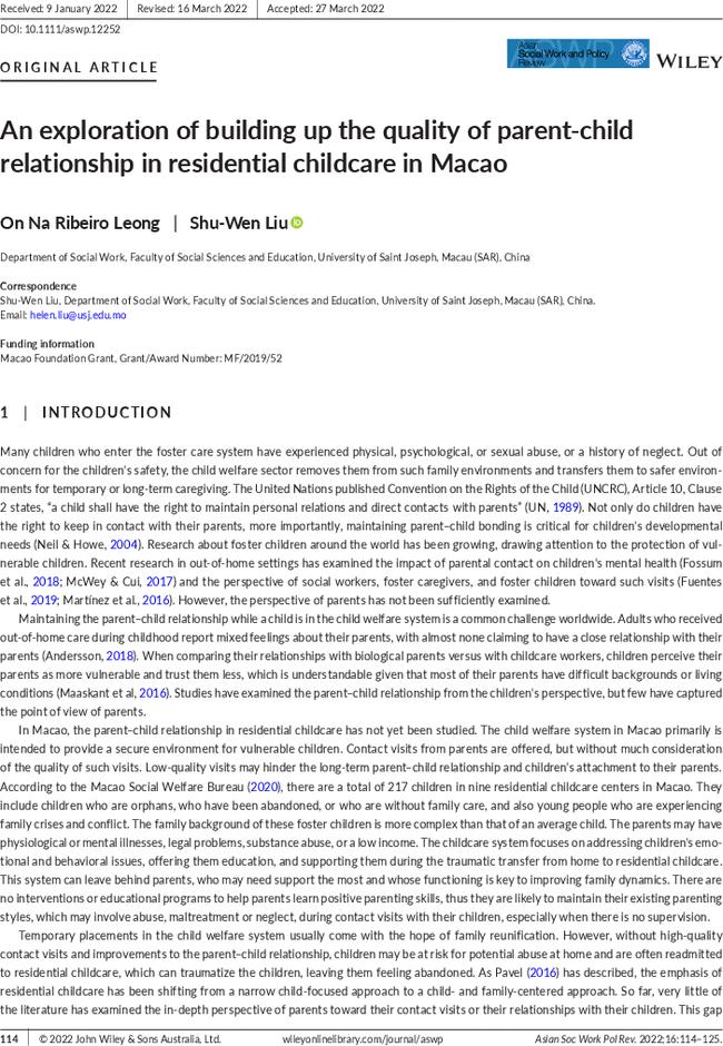 An exploration of building up the quality of parent-child relationship in residential childcare in Macao