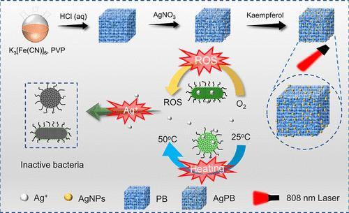 Prussian Blue Nanocubes Decorated with Ag Nanoparticles for Near-Infrared Triggered Release of Bactericidal Ag+, Fe2+, and Fe3+ Ions