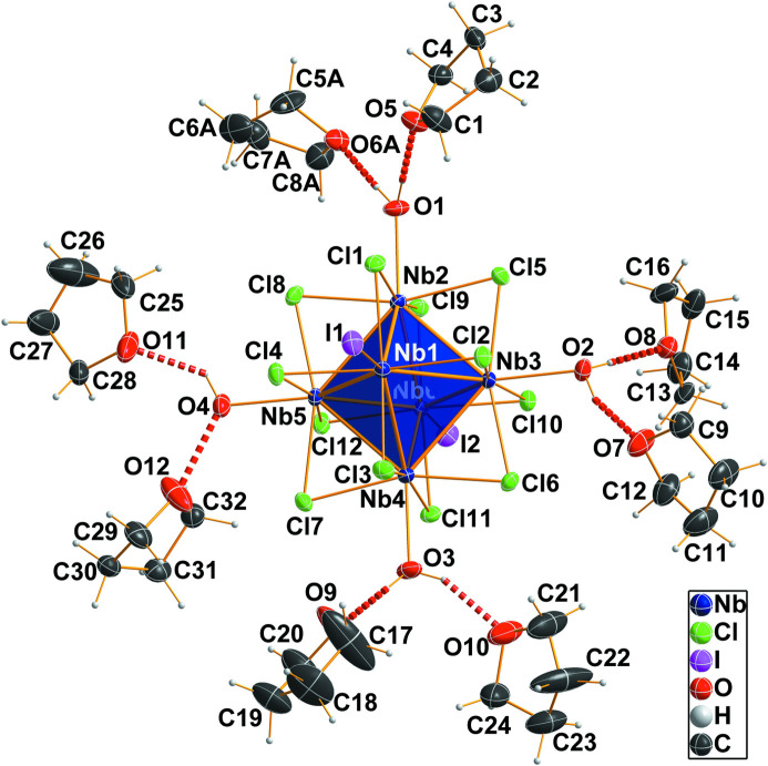 Tetra-aqua-dodekakis-μ<sub>2</sub>-chlorido-di-iodido-<i>octa-hedro</i>-hexa-niobium(12 <i>Nb</i>-<i>Nb</i>) tetra-hydro-furan octa-solvate.