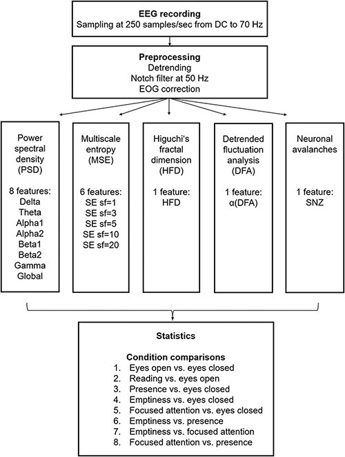 Determining states of consciousness in the electroencephalogram based on spectral, complexity, and criticality features.