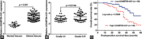 LncRNA ADAMTS9-AS1 knockdown suppresses cell proliferation and migration in glioma through downregulating Wnt/β-catenin signaling pathway.