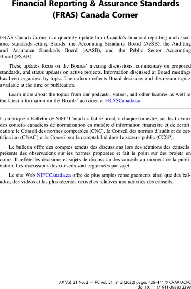 Financial Reporting & Assurance Standards (FRAS) Canada Corner