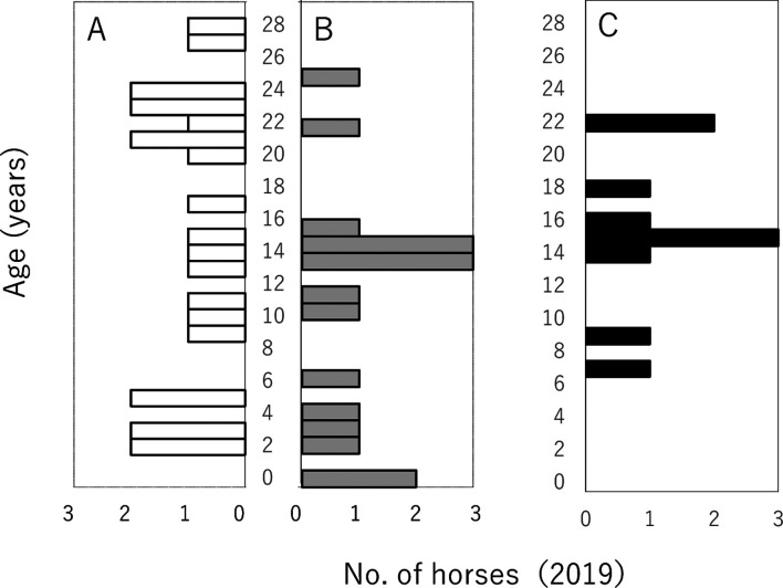 Relationships between the age and blood test results or body sizes in Noma horses.