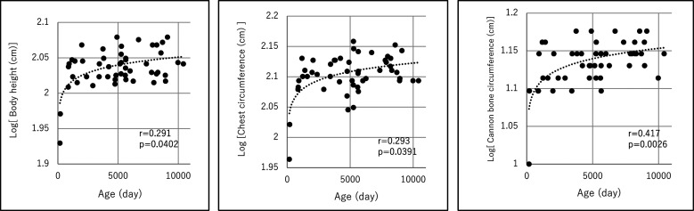 Relationships between the age and blood test results or body sizes in Noma horses.